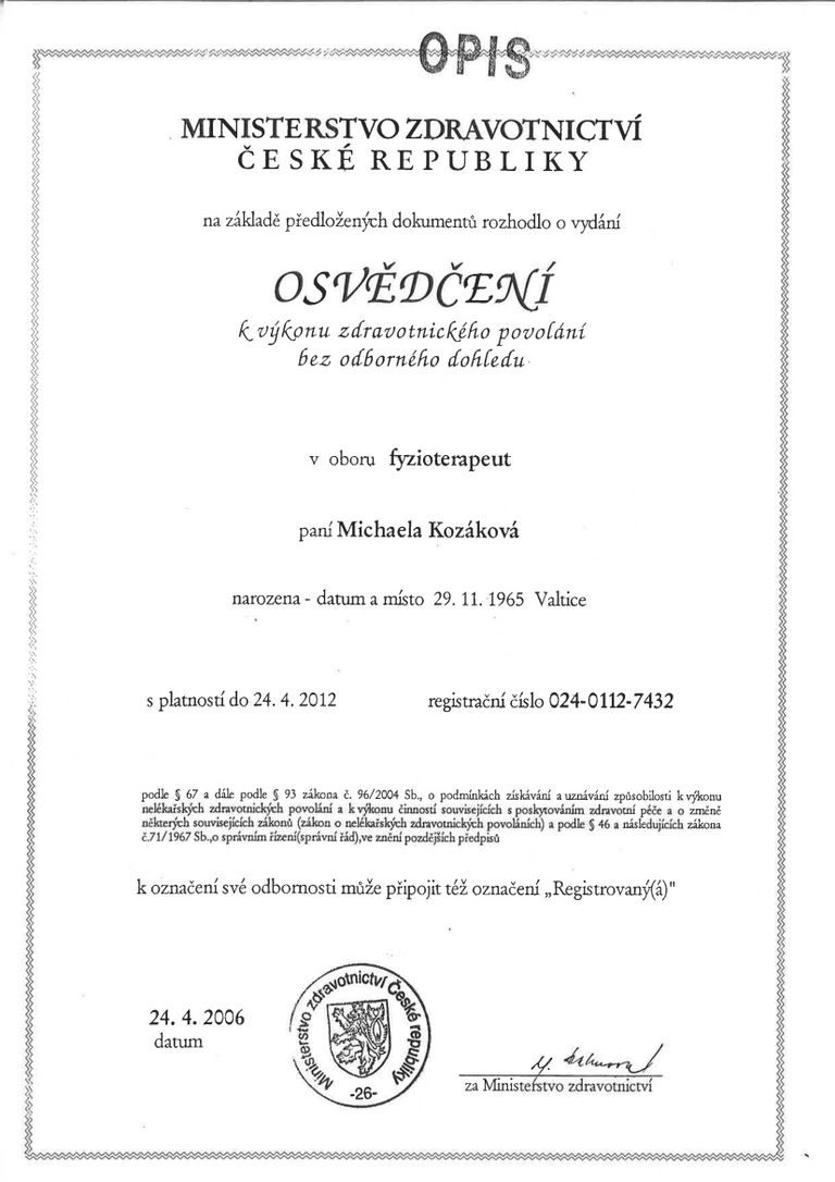 Certifikát odborné způsobilosti 1 – Michaela Kozáková
